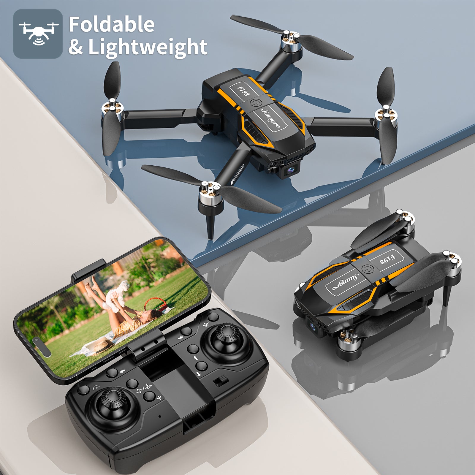 F198 Drone with Camera 720P HD 90°Adjustable Lens,RC Quadcopter with Dual Camera for Adults Beginners,Foldable FPV Drones WiFi APP,3D Flips,Auto Hold,Optical Flow Positioning,Waypoint Fly,Carry case