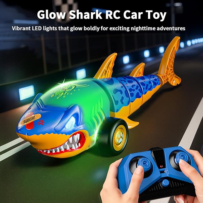 RC Shark Car Toy for Kids, 2.4Ghz Remote Control Shark with Swinging Tail, LED Lights, RC Car Toys for 3-6 Year Old Kids, Fun Gift Idea for Boys & Girls