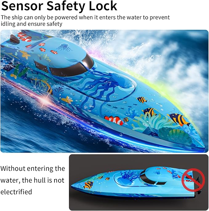 Remote Control Boat with LED Lights,Electric RC Boat Toy,Full Waterproof Pool Toys,Water Function Low Battery Alert Rechargeable Battery 2.4GHz Remote Control