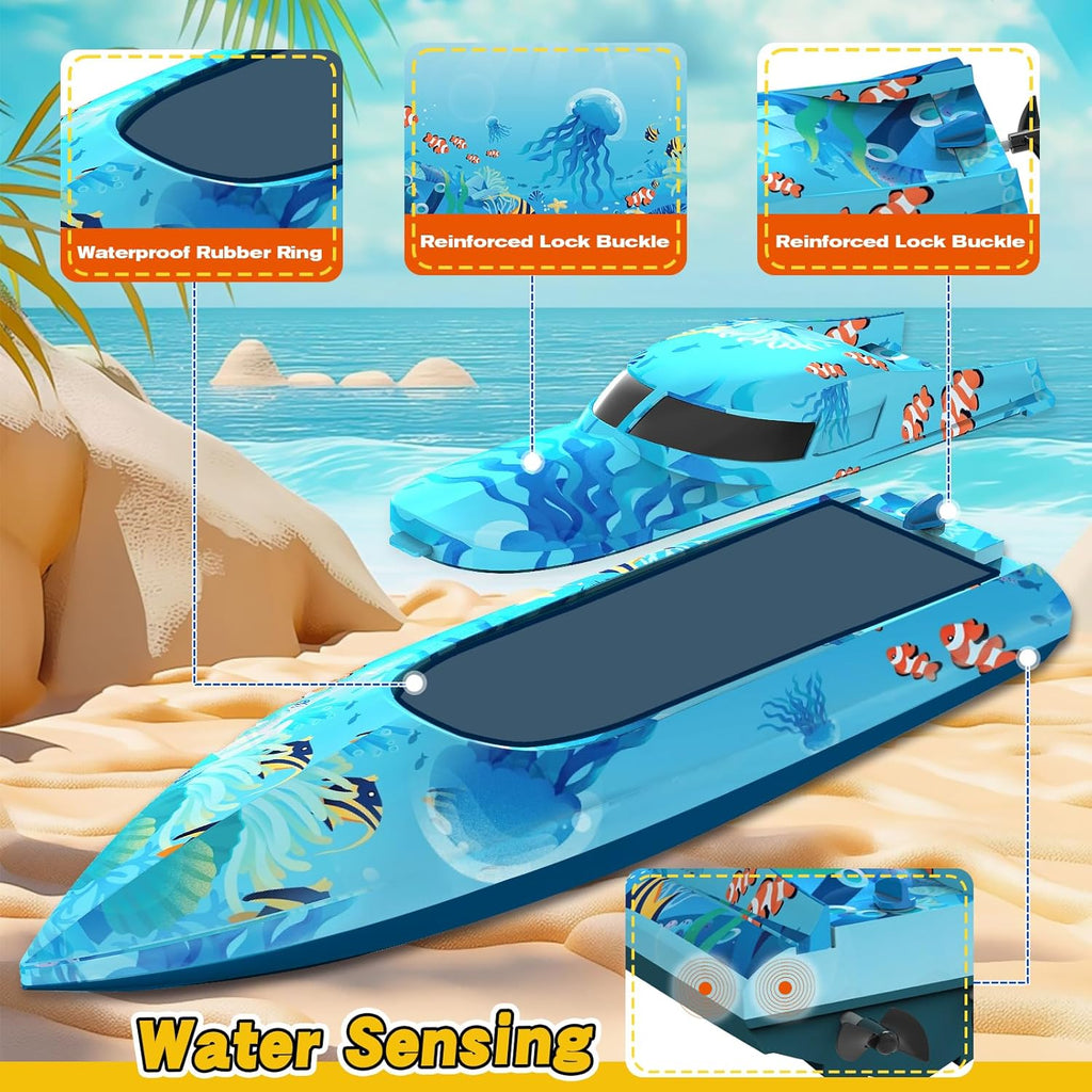Remote Control Boat with LED Lights,Electric RC Boat Toy,Full Waterproof Pool Toys,Water Function Low Battery Alert Rechargeable Battery 2.4GHz Remote Control