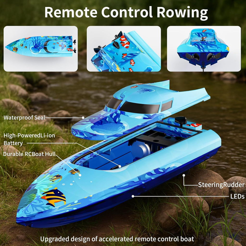 Remote Control Boat with LED Lights,Electric RC Boat Toy,Full Waterproof Pool Toys,Water Function Low Battery Alert Rechargeable Battery 2.4GHz Remote Control