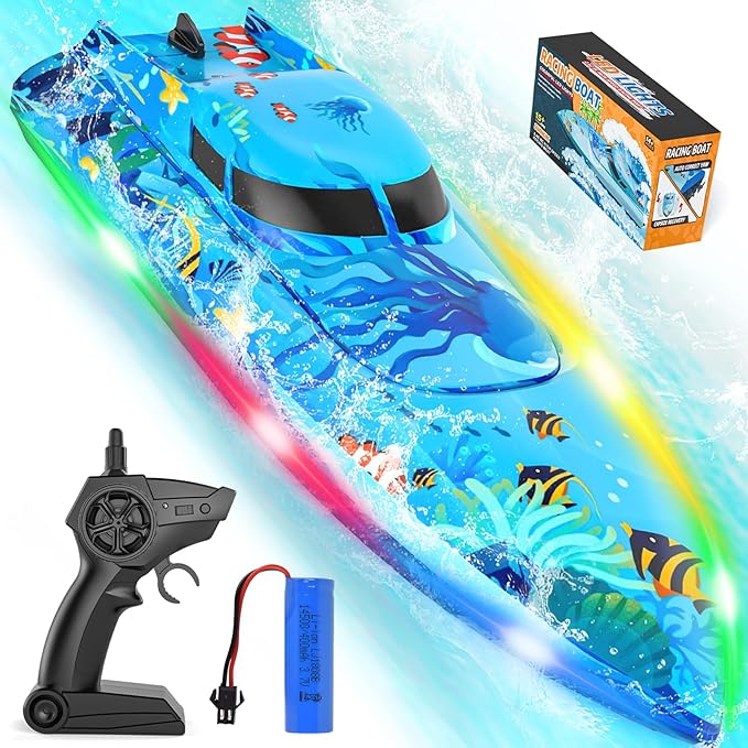 Remote Control Boat with LED Lights,Electric RC Boat Toy,Full Waterproof Pool Toys,Water Function Low Battery Alert Rechargeable Battery 2.4GHz Remote Control