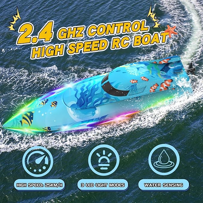 Remote Control Boat with LED Lights,Electric RC Boat Toy,Full Waterproof Pool Toys,Water Function Low Battery Alert Rechargeable Battery 2.4GHz Remote Control