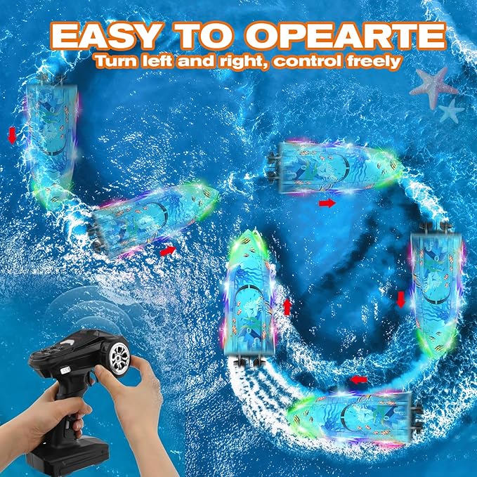 Remote Control Boat with LED Lights,Electric RC Boat Toy,Full Waterproof Pool Toys,Water Function Low Battery Alert Rechargeable Battery 2.4GHz Remote Control