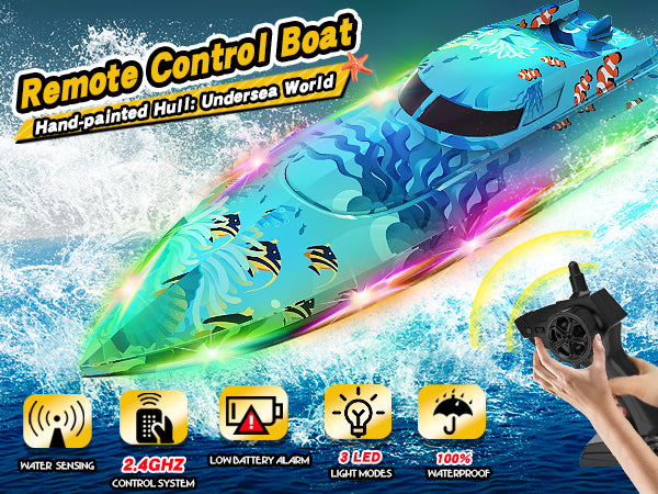 Remote Control Boat with LED Lights,Electric RC Boat Toy,Full Waterproof Pool Toys,Water Function Low Battery Alert Rechargeable Battery 2.4GHz Remote Control